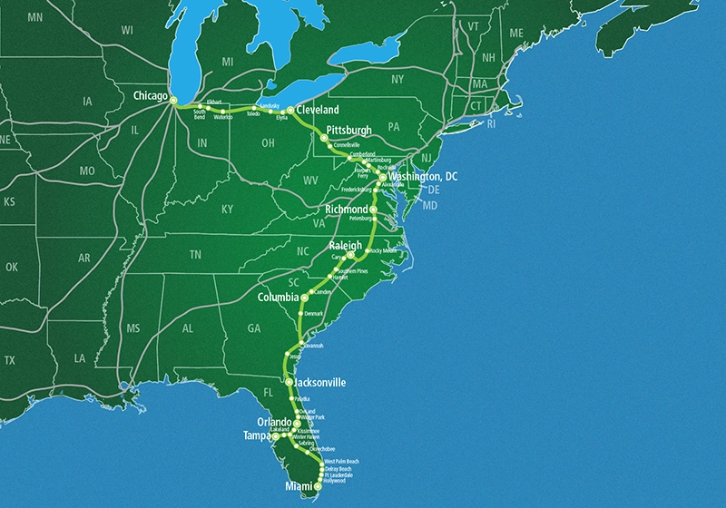 Ruta tren Miami Chicago pasa por Washington DC